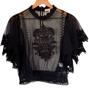 Sheer Black Lace Embroidered Victorian-Style Top